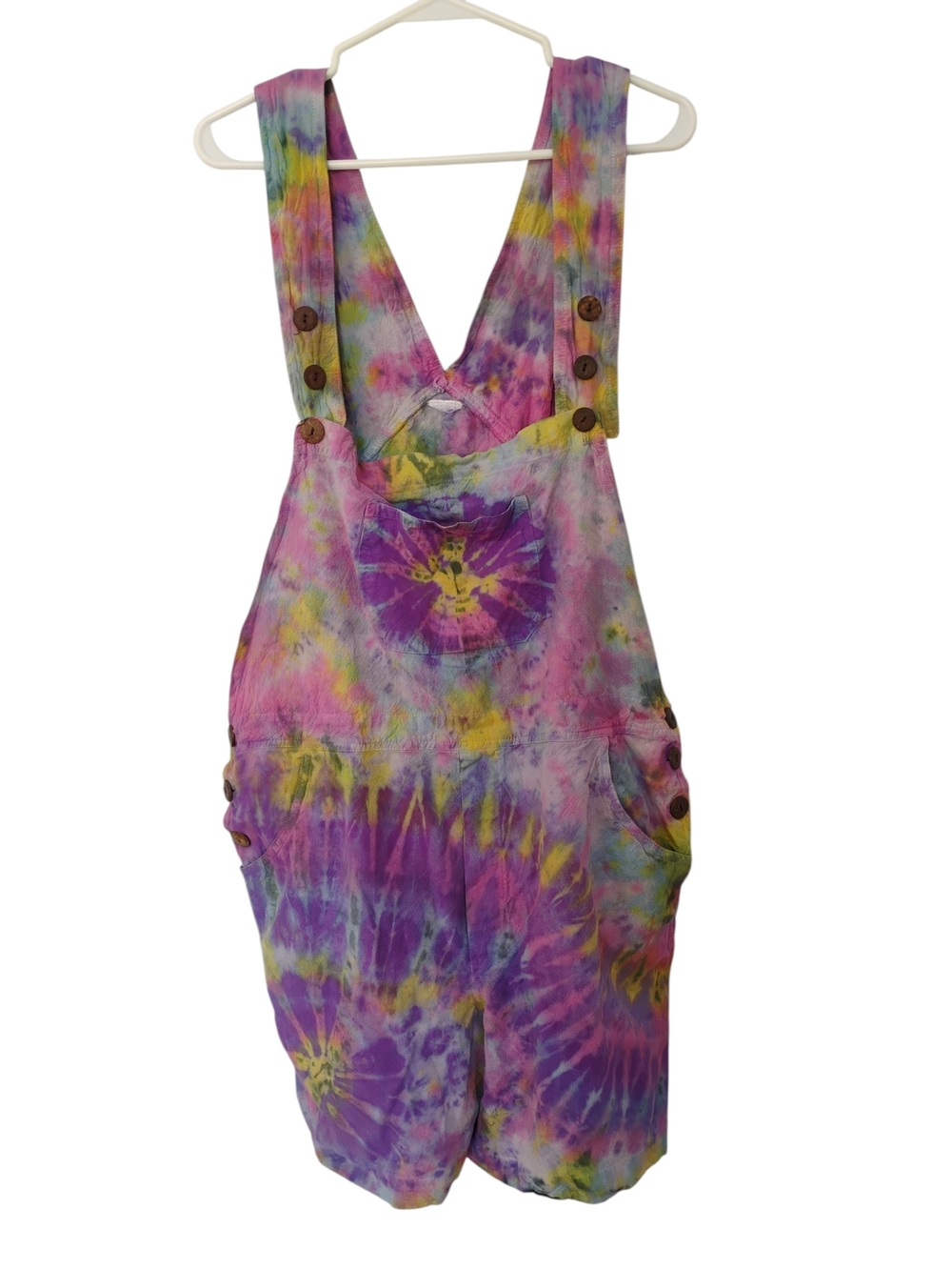 Tie-Dye Boho Hippie Short Painter Pant Button Overalls Purple, Pink, Yellow - L